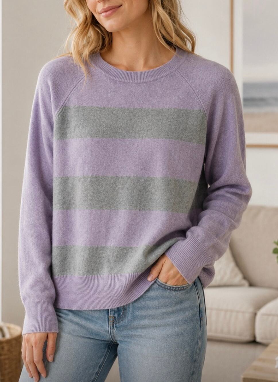 Apt. 9 Cashmere striped crewneck long sleeve sweater soft preppy purple gray S